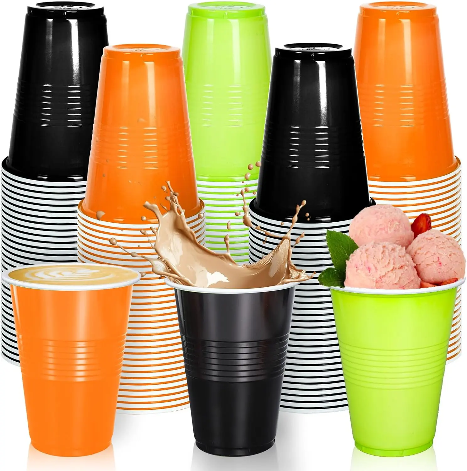 150Pcs 16oz Disposable Halloween Drinking Cups Black Orange Green Plastic Cups Stackable Party Cups for Indoor Outdoor Events Supplies