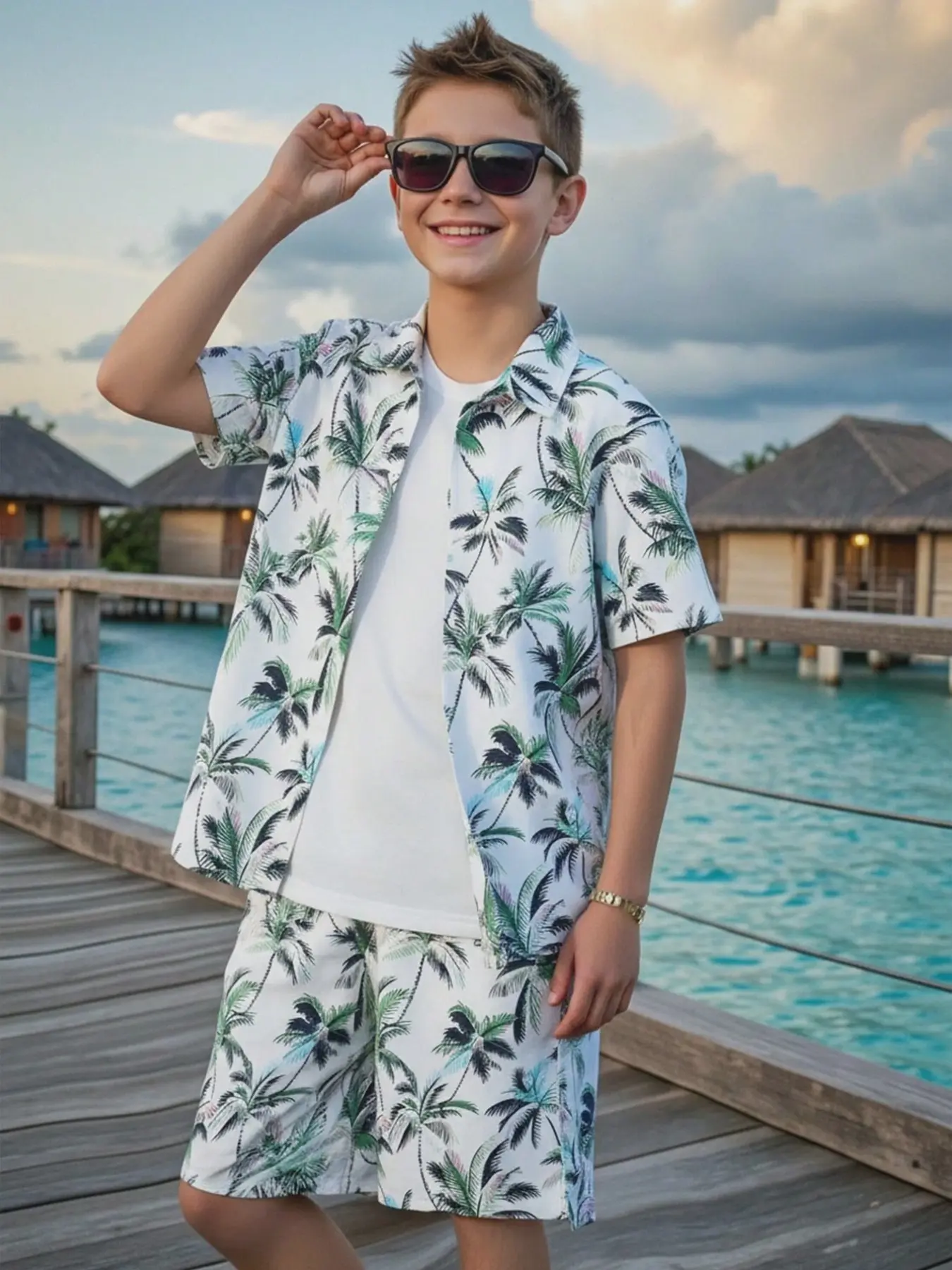 Boys' Fashion Shirt and Shorts Matching Set, Tropical Palm Tree Print, Casual Summer Clothing Set, Outfits Set, Clothes Kids, Home, Commute, Vacation, No Inner T-Shirt Included