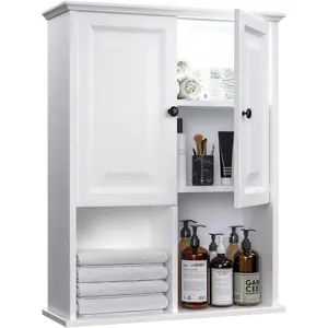 HAIOOU Bathroom Wall Cabinet with Motion Sensor LED Light, Wooden Medicine Cabinet Wall Mounted Cupboard, Over Toilet Storage Cabinet with Buffering Hinges and Adjustable Shelf - Modern White