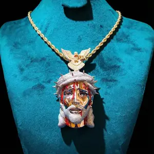 HELLOICE  Iced Out Jesus Pendant with Dove Clasp Cubic Zirconia Pendant Hiphop Jewerly with 3mm 24inches Rope Chain for Men