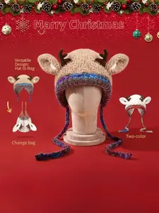 Festive Christmas Antler Hat (It can be used，A hat has multiple uses.)Knitted Ear Protection Windproof Warm Hat Suitable for the family It can be worn by adults , without limiting the circumference of the head，for Thanksgiving & Christmas。