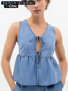 Women's Tencel Woven Bow Tie Knot Sleeveless Fitted Top, Casual Front Tie Closure Blouse, Summer Fashion Shirt for Relaxed & Trendy Styles