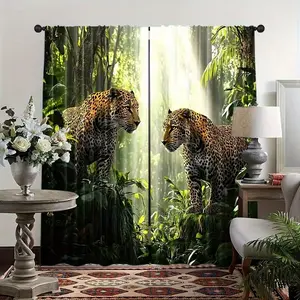2 pieces of high-definition digital jungle leopard print curtains, made of polyester with semi-transparent texture, machine washable, suitable for bedroom, living room and home decoration.