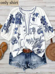 Plus Size Women's Base Blue Flower Print V-Neck Blouse, Lantern Sleeve Loose Fit Top, Boho Summer, Beach Vacation, Casual Wear