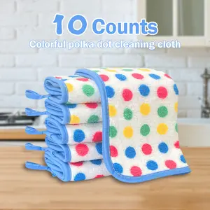 10 Counts Kitchen Dishcloths with Multicolor Dots, Reusable Dish Towels, Super Absorbent Coral Fleece Cleaning Cloths, Nonstick Oil Washable Non-fluff Quick-dry
