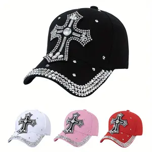 1 piece Fashion Unisex Baseball Cap, with Bold Cross Logo and Rhinestone Embellishments - Adjustable Snapback, Breathable Polyester Fiber, Perfect for Casual Outfits and Sun Protection (Black, White, Pink, Red), Adjustable Baseball Cap | Trendy Hat Design