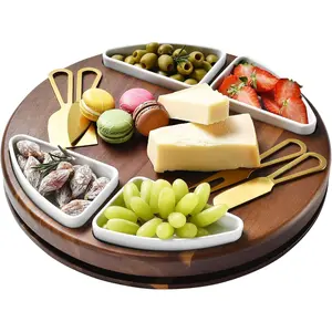 Upgraded Lazy Susan Cheese  Board Set - Round Acacia Charcuterie Board With 4 Ceramic Bowls - Wedding Gifts - Cheese Serving Platter - Bridal Shower