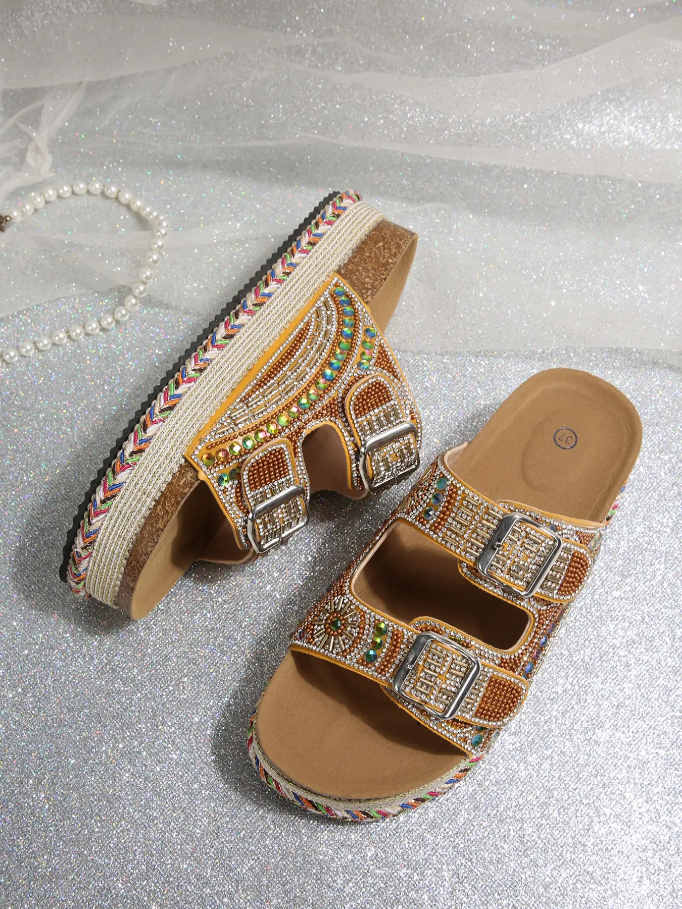 Bohemian Handmade Beaded Thick Sole Sparkle Sandals, Non-Slip Durable Beach Slippers, Double Buckle Design, Women's Comfortable Footwear
