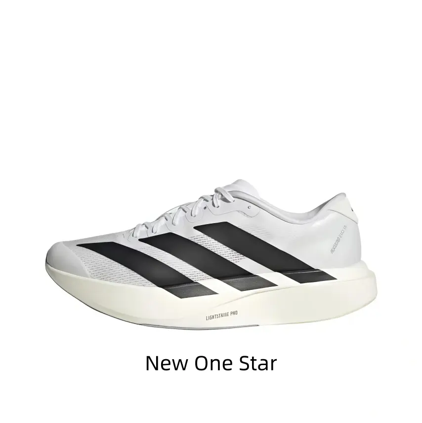 White Black Three Stripes Thick Cushion Racing Running Shoes Ultra Light Breathable Mesh Upper Bold Black Side Stripe Print Curved Soft Foam Midsole Non Slip Road Marathon Athletic Sneakers Unisex