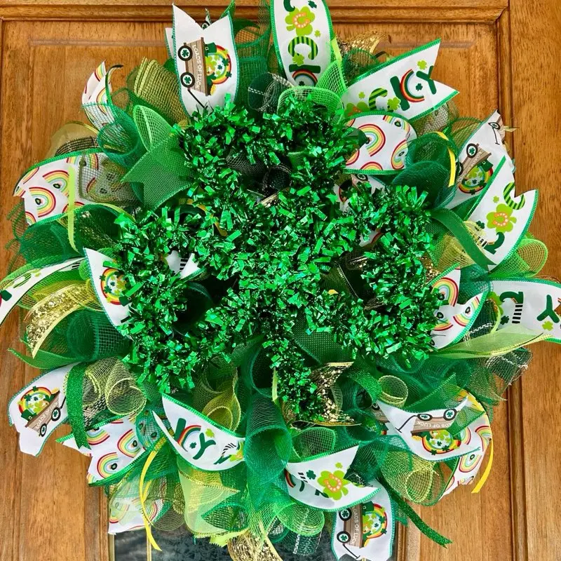 St. Patrick’s Day Wreath Handmade 22" Diameter with Large Focal Shamrock, Gold & Green Deco Mesh, Custom Orders Available