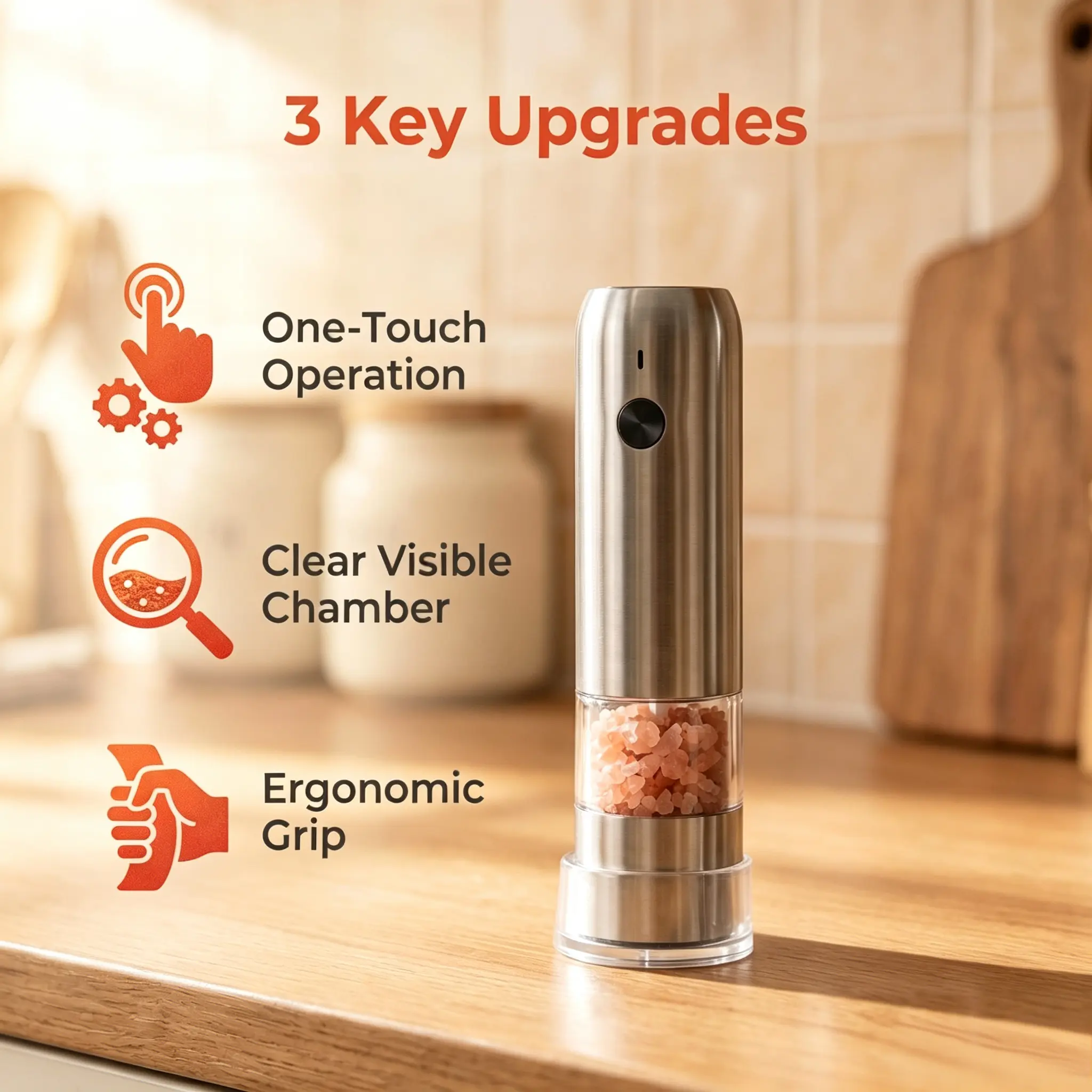Electric Spice Grinder - 1-Touch Cordless Automatic Modern Kitchen Gadgets, Stainless Steel Adjustable Transparent Mill with LED Light, Battery-Operated Ergonomic Grip Home Accessory for Countertop, Outdoor Barbecue