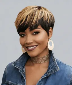 Short Pixie Cut Wigs for Black Women Ombre Blonde Pixie Cut Human Hair Wig Glueless Straight Color Short Bob Wig Pixie Wigs Layered Cut Blonde Hair 9171-1B/4/27