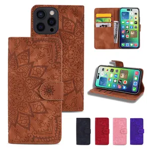 Embossed TPU Wallet Phone Case with 3 Card Slots, Vintage Sunflower Texture, for iPhone 6-16 Series & Samsung S21-S26 Series A Series