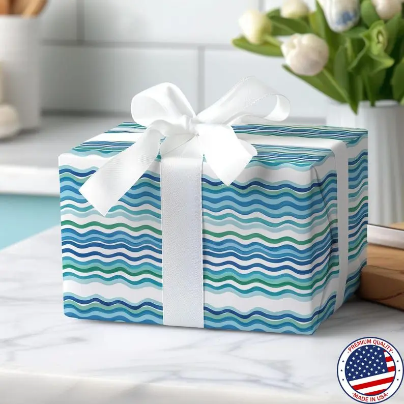 Blue and Green Wavy Stripes Wrapping Paper, Birthday, Mother's Day, Christmas Gift Wrap, Elegant Wrapping Paper