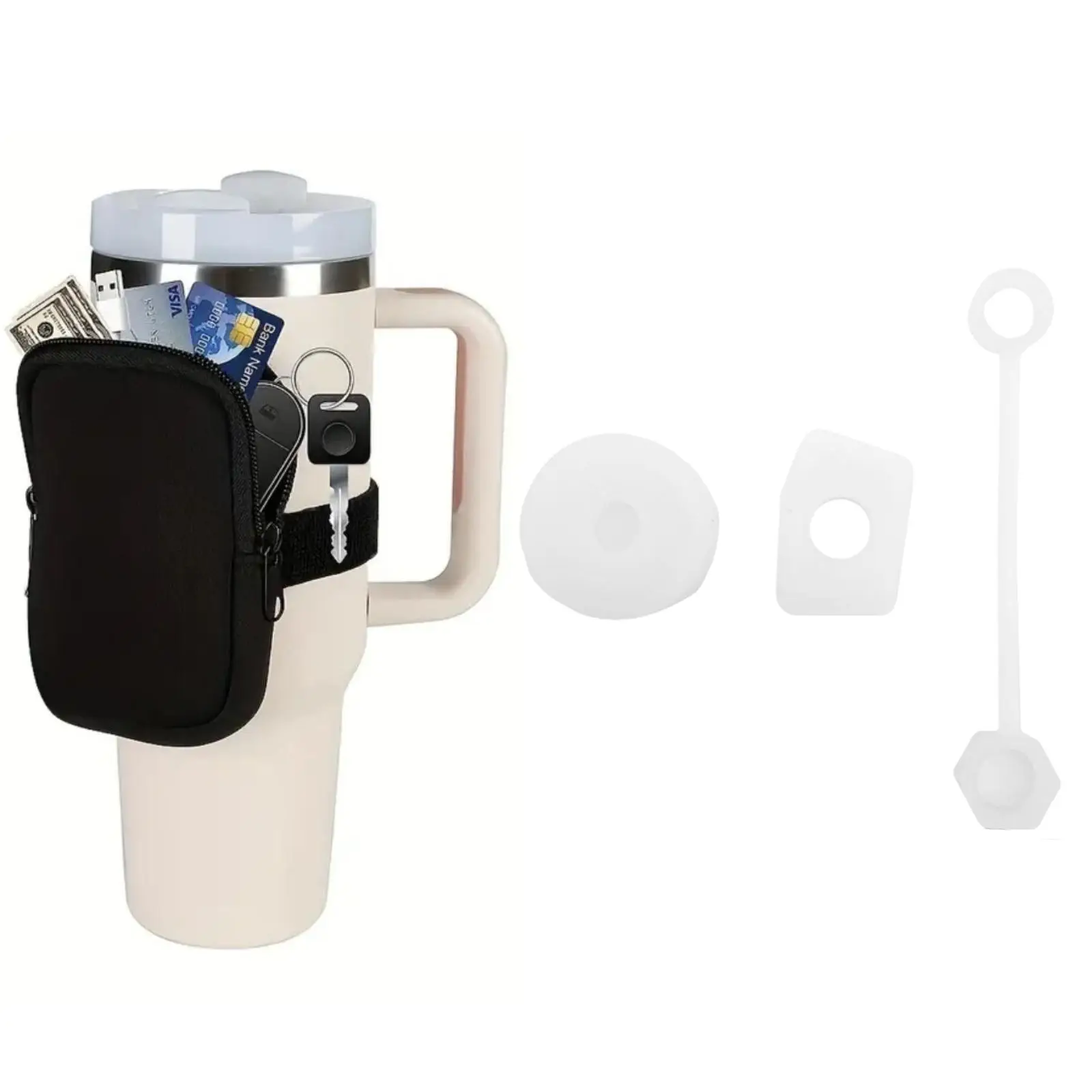 Adjustable Water Cup Pouch With Zipper, Portable Water Bottle Coin Purse With Fixed Elastic Band, Oval Cup Bag For Storing Cards & Keys