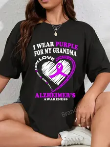 100% Cotton Unisex Alzheimers Awareness Shirt - I Wear Purple For My Grandma Graphic Printed Vintage Casual Tshirt