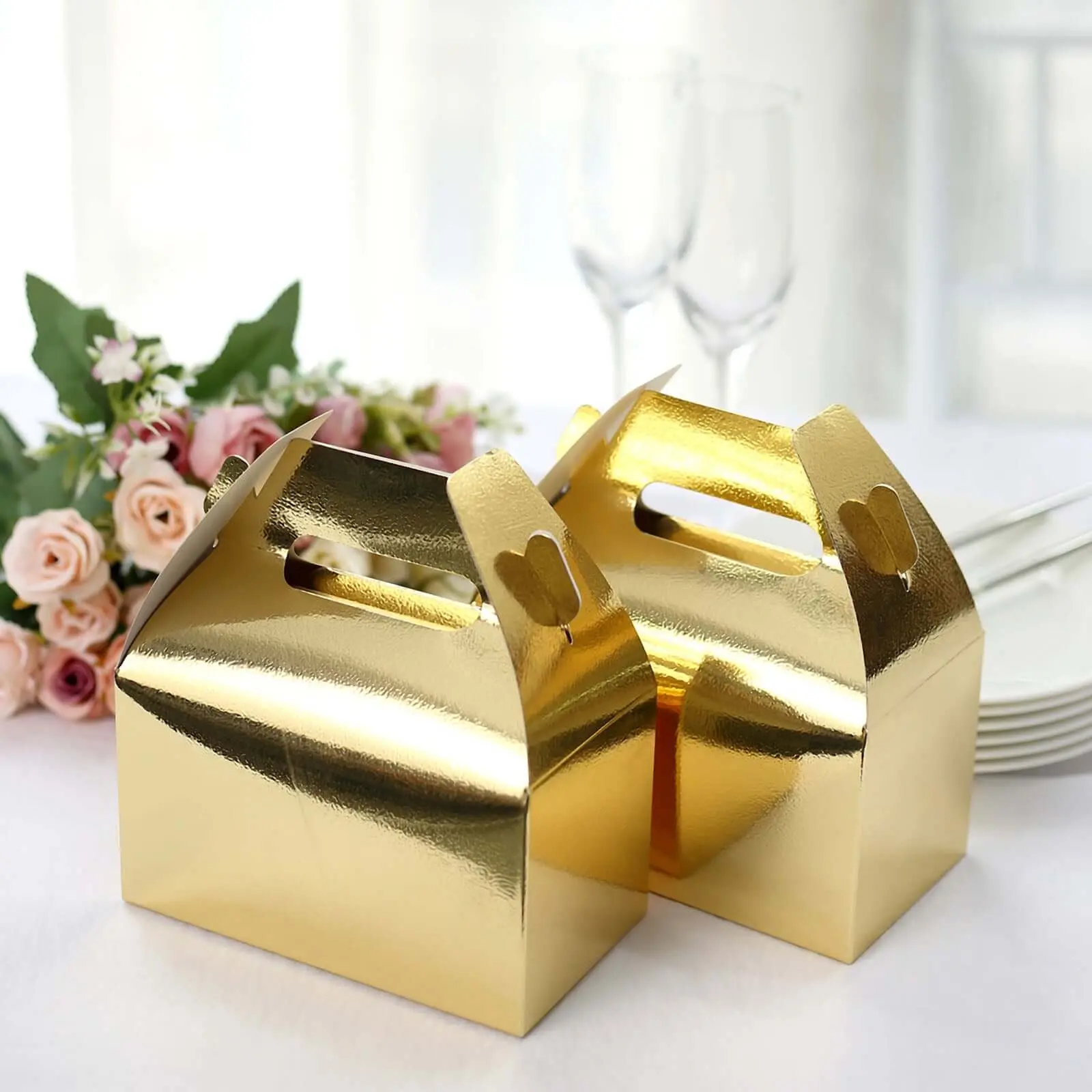 25 Pack Metallic Gold Gift Box Design Gable Tote Boxes, Office Party Favor Treat Bags - 6"x3.5"x7", Box For Gift