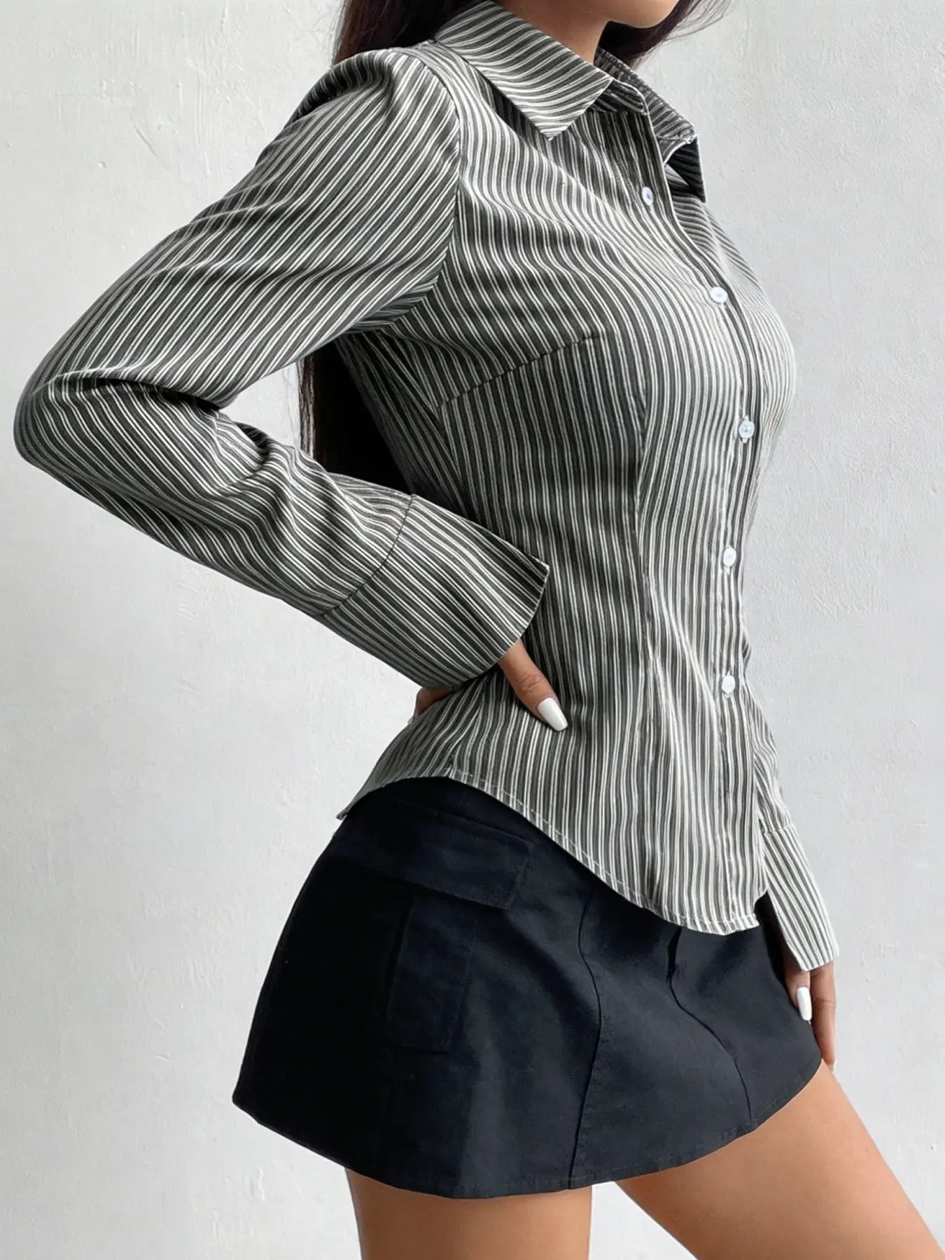 A women's casual fashion waist-tied striped shirt, designed with a slimming fit and long sleeves, suitable for home, office, indoor, and outdoor wear Blouses Casual Button Up
