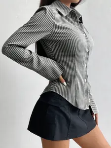 A women's casual fashion waist-tied striped shirt, designed with a slimming fit and long sleeves, suitable for home, office, indoor, and outdoor wear Blouses Casual Button Up