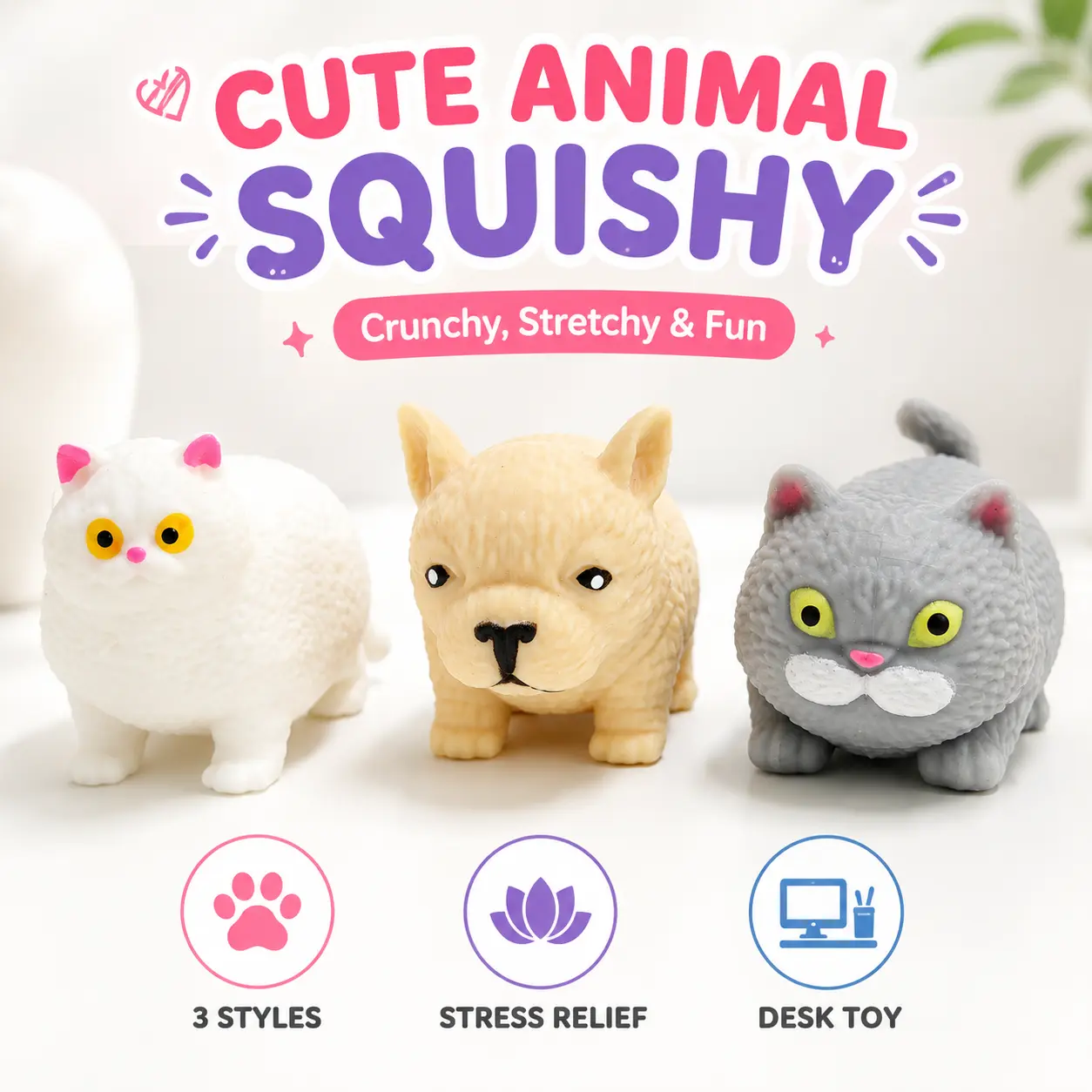 Cute Animal Crunchy Squishy Toy, Realistic Cat and French Bulldog Squeeze Toy, Soft Stretchy Sensory Stress Relief Fidget Toy for Kids and Adults