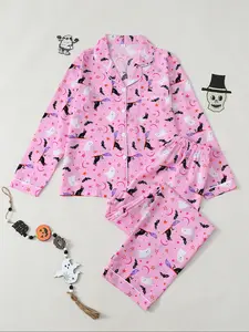 Women's Halloween Pajama Set, Ghost Cat Bat Print, Long Sleeve Top & Pants, Casual Spring Autumn Sleepwear, Soft Comfortable Home Clothes