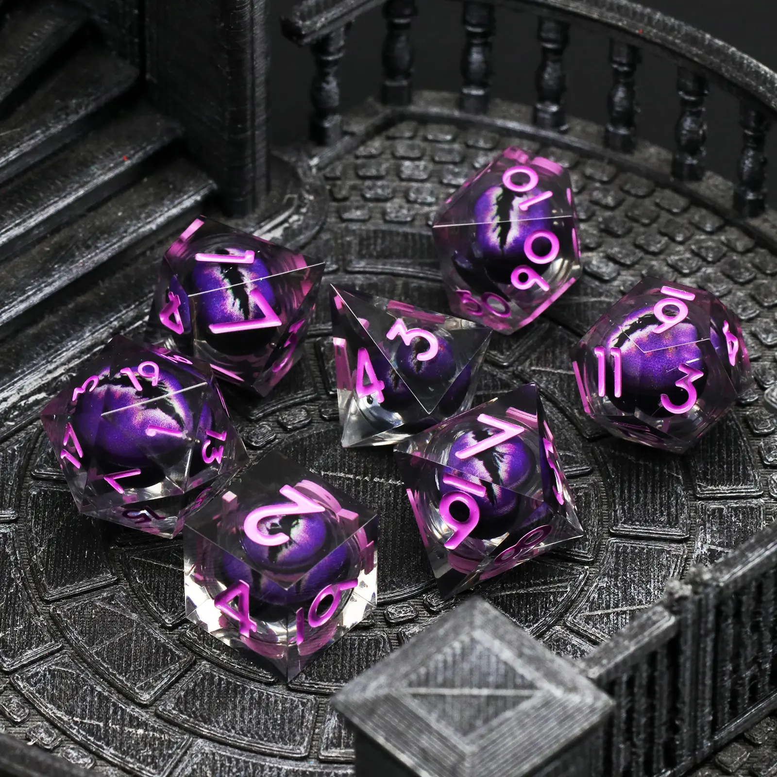 Sharp Edge Resin Polyhedral Dice Set - Liquid Core Dragon Eye Beholder's Dice with Bright Colors, d12, d10 (0-9), Cardboard Gift Box for DND Dungeons and Dragons, RPG Role Playing Games