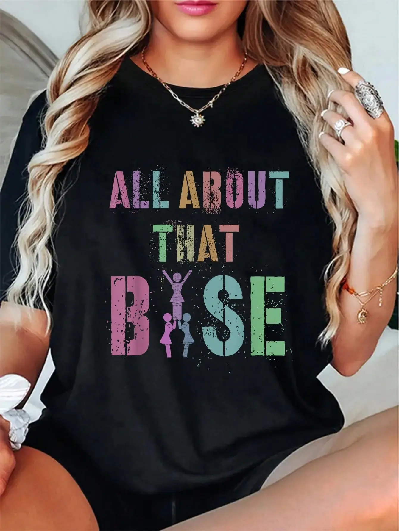 Women's 100% Cotton Graphic Cheerleading Team Top - "ALL ABOUT THAT BASE" Print, Casual Everyday Streetwear T-Shirt, Tshirt