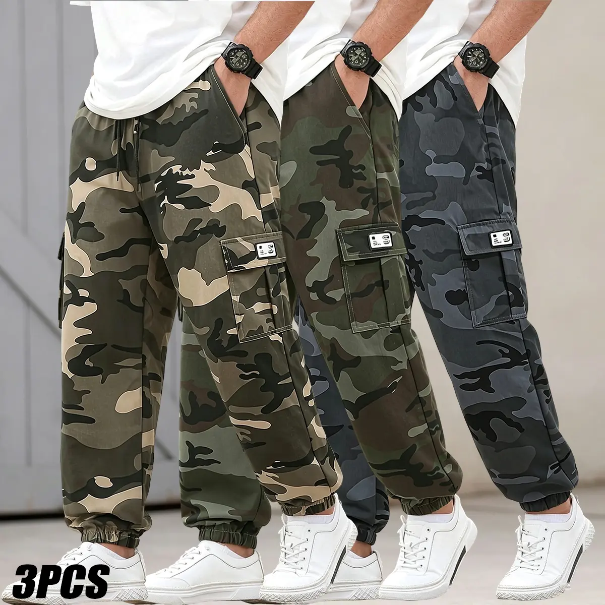 3-pack men’s camouflage cargo pants with multiple pockets, comfortable and breathable—ideal for outdoor activities, hiking, camping, and casual gatherings; suitable for all seasons; men’s bottoms, men’s apparel, back-to-school shopping.