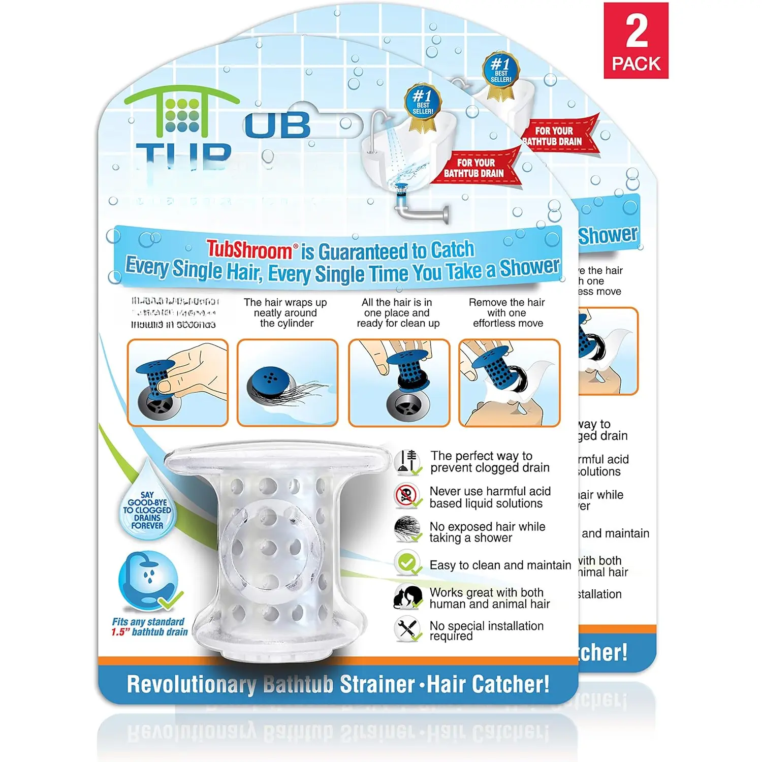 Revolutionary Tub Drain Protector Hair Catcher/Strainer/Snare, Clear 2 Count