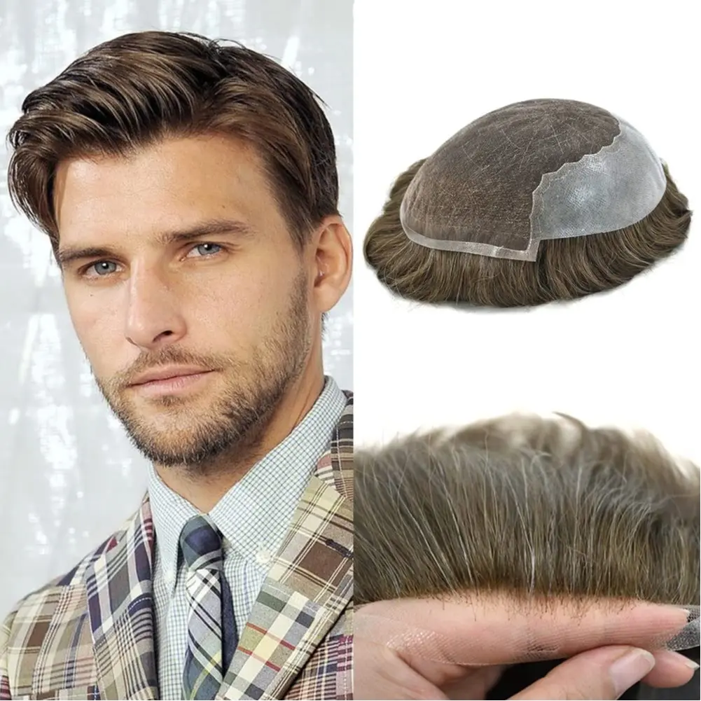 Mens Toupee French Lace Front Men's Hairpieces Human Hair Transparent Poly Hair Replacement System Mens Wig toupee hair for men bleached knots natural hairline