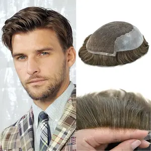 Mens Toupee French Lace Front Men's Hairpieces Human Hair Transparent Poly Hair Replacement System Mens Wig toupee hair for men bleached knots natural hairline
