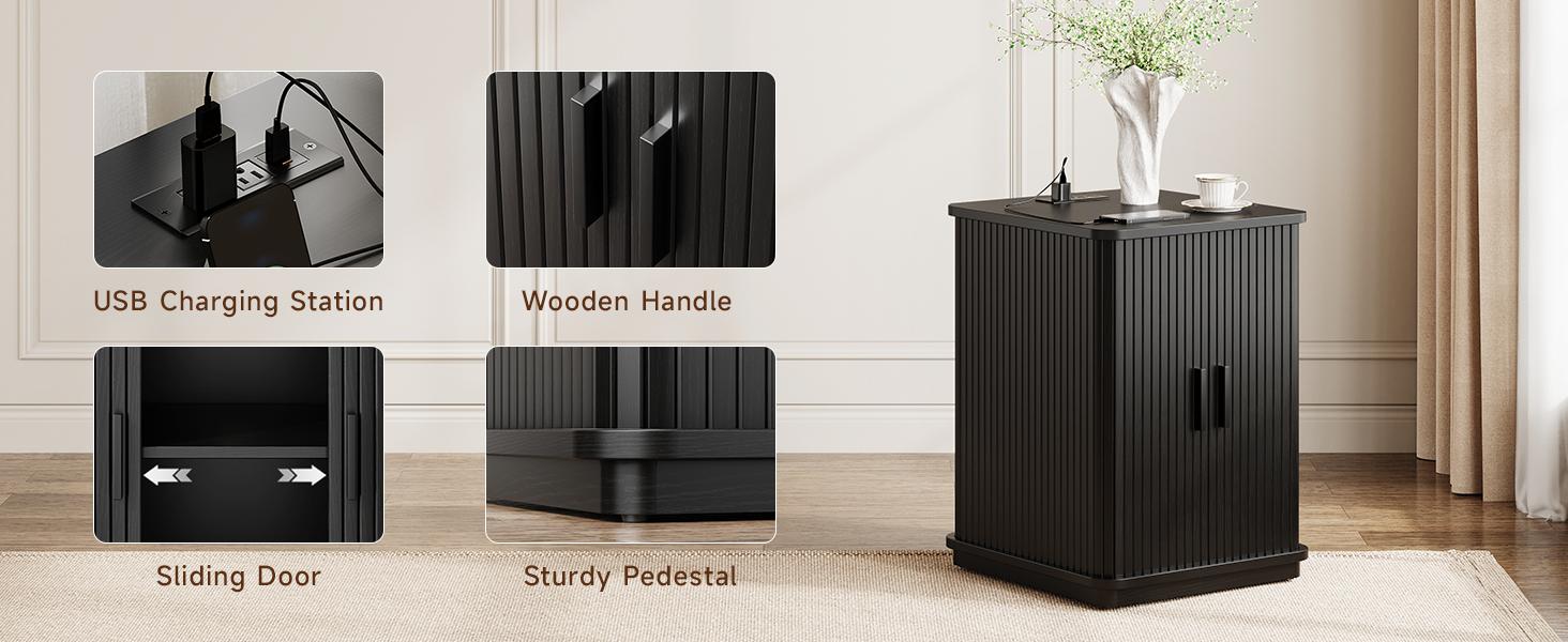 【Sliding Door Design】ONBRILL Square End Table with Storage & Charging Station, Fluted Accent Side Table with Sliding Door & Sturdy Pedestal, Mid-Century Modern Nightstand for Small Space, Living Room Furniture,dorm essentials,home decor