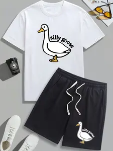 Mens Loungewear Set Boasting Minimalist Silly Goose Cartoon and Handwritten Text Motif Print Premium Wrinkle Resistant Material with Adjustable Drawstring Ideal for Warm Weather Activities Outdoor Workouts Weekend Trips and Versatile Casual Wear