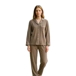 Women's Pajama Set Casual Loose German Velvet Long Sleeve Pants Two Piece Set with Comfortable Home Fur Pajama PJs Homewear Nightwear Loungewear Top Womenswear soft fabric button down Loose Fit