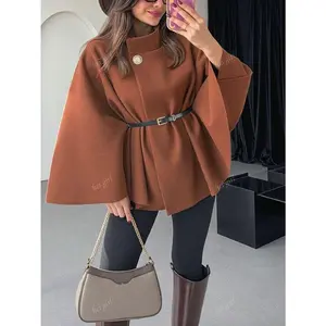 Women's Fashion Elegant Wool Blend Short Sleeve Stand Collar Loose Poncho Cloak Jacket With Belt, Winter