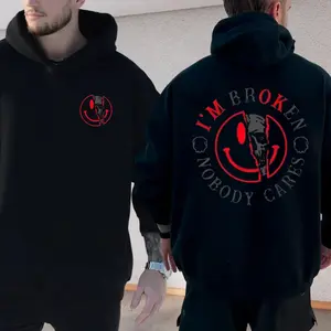 🏆 2 Sides I'm Broken Nobody Cares Shirt Sweatshirt Hoodie, Broken Emoji&Skull T Shirt, Menswear, Casual Streetwear, Unisex Sweater Pullover Tee