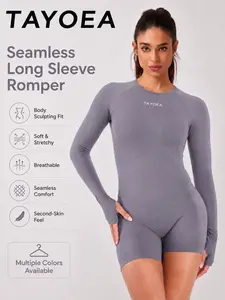 Tayoea Seamless Breathable Compression Long Sleeve Thumbhole Backless Romper, backless sports jumpsuit, athletic jumpsuits, Ideal for Running Yoga Fitness Cycling, Outdoor Indoor Daily Wear