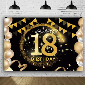 Happy 18th Birthday Party Decorations, Black Gold Glittery Happy 18th Birthday Backdrop Banner, Bat Mitzvah Party Decorations Supplies, Halloween