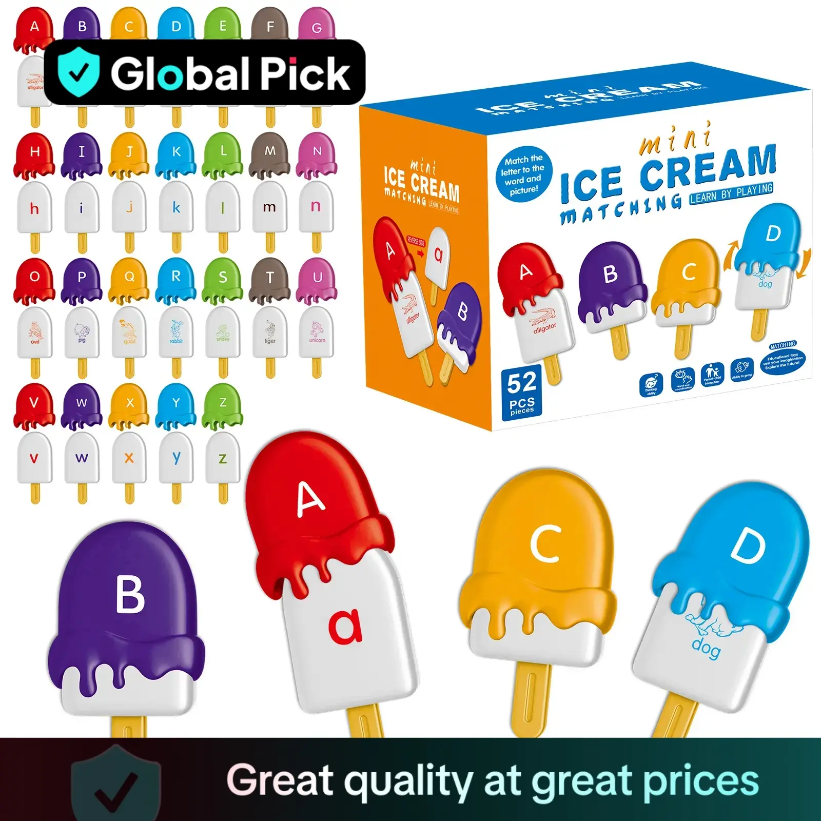 Ice Cream Shaped Alphabet Letters Matching Toy, 52pcs/set Counting Toy, Learning Toy for Boys Girls, Fine Motor Skills Toys