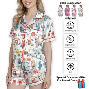 Soft and Seductive Satin Pajamas for Women Cowboy Boots Print Short Sleeve & Shorts PJs Sleepwear Set Ideal Gift for Mom & Her Premium Satin Silk Fabric Quick Drying Lightweight Breathable