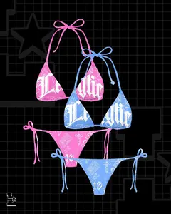 COMBO 2 SET - Exclusive Graphic Print Bikini Set - Trendy Y2K Aesthetic 2-Piece Swimsuit - Streetwear Style Triangle Bathing Suit for Summer Rave & Beach Parties