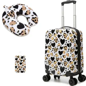 3Pcs Girls Beige Leopard Luggage Set, Kids Hardshell Carry-On Spinner Suitcase with Neck Pillow and Tag, Cute Heart Cheetah Travel Gear for Teens portable