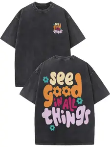 Women's Vintage Washed Cotton T-Shirt - "Everything is Beautiful" Graphic Print, Loose Fit Streetwear Top with Floral & Star Motifs, Short Sleeve Roun