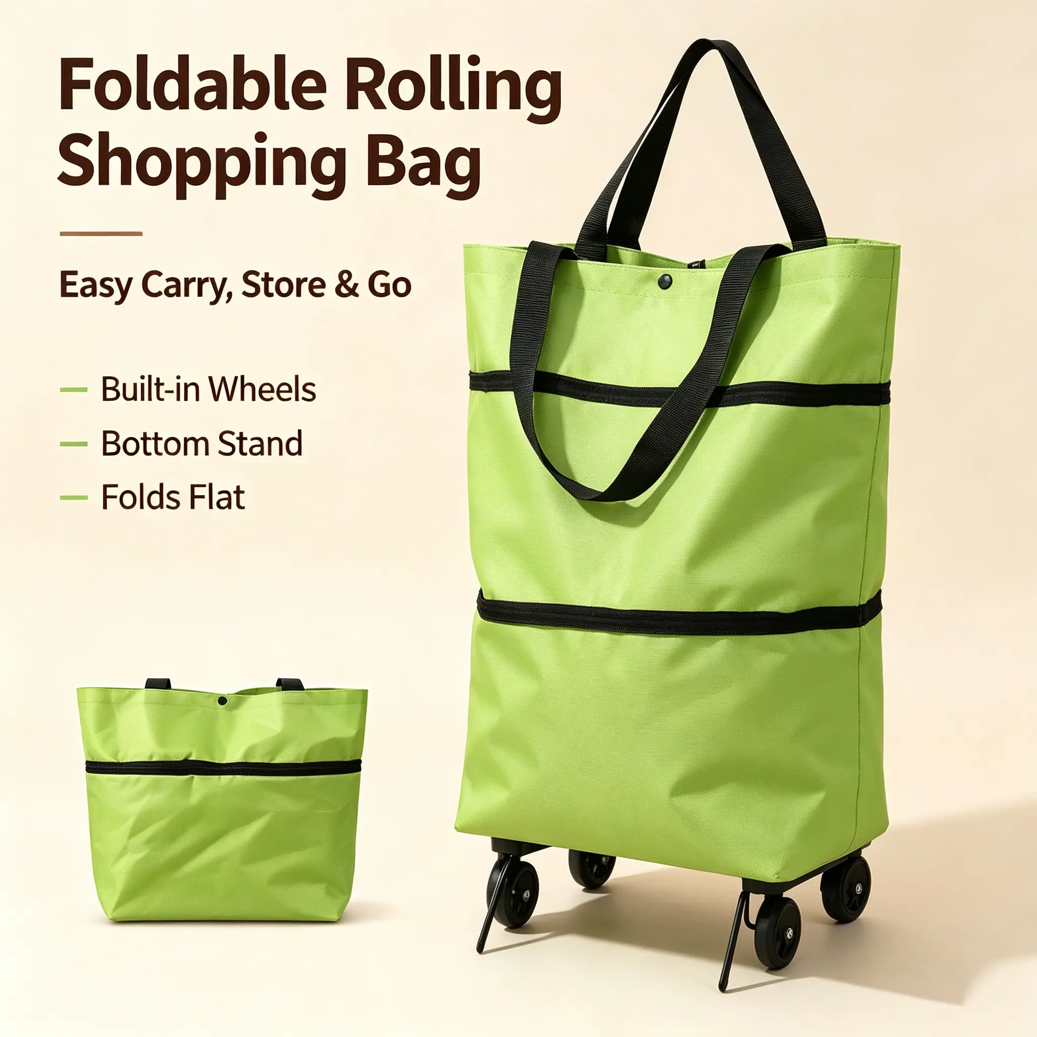 Foldable Wheeled Shopping Bag, Portable Large Capacity Grocery Tote Cart with Wheels, Lightweight Reusable Rolling Tote for Supermarket Household Shopping
