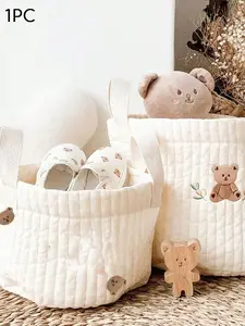 Simple  exquisite sewing fabric storage basket, niche design cute embroidery pattern size storage bag, ins beige cotton embroidered baby diaper clothes toy finishing bag crib storage bag multi-purpose storage basket.