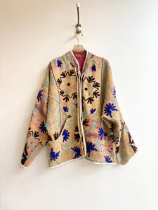 Reversible Ladhiya Suzani Quilted Jacket in Colors Pink, Beige, Red, Purple & Butter Yellow, Seafoam, Brown