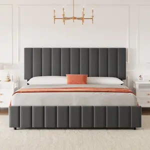 Contemporary Upholstered Platform Bed Frame with Adjustable Headboard, 4 Large Storage Drawers, Sturdy Wood Slat Support, No Box Spring Needed, Easy Assembly
