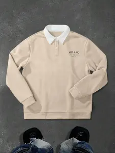 Men's Solid Color Half Button Fitted Polo Knit Hoodie, Casual Outdoor Pullover Sweatshirt Tops, Fall Winter Fashion, Long Sleeve Drop Shoulder Design