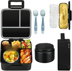 Kids Bento Lunch Box Set with 8oz Thermo – Leakproof 5-Compartment Lunch Container, Hot Food Jar & Insulated Lunch Bag, BPA-Free, Perfect for School & Travel – Black (Astronaut)