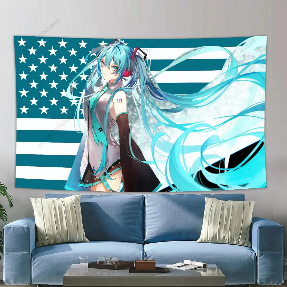 60x40 inches Synthetic Water Resistant Breathable Indoor Anime Tapestry - Polyester Hatsune Miku American Flag Design, Kawaii Home Decor Banner for Teen Girl Bedroom, Machine Washable Hanging Cloth
